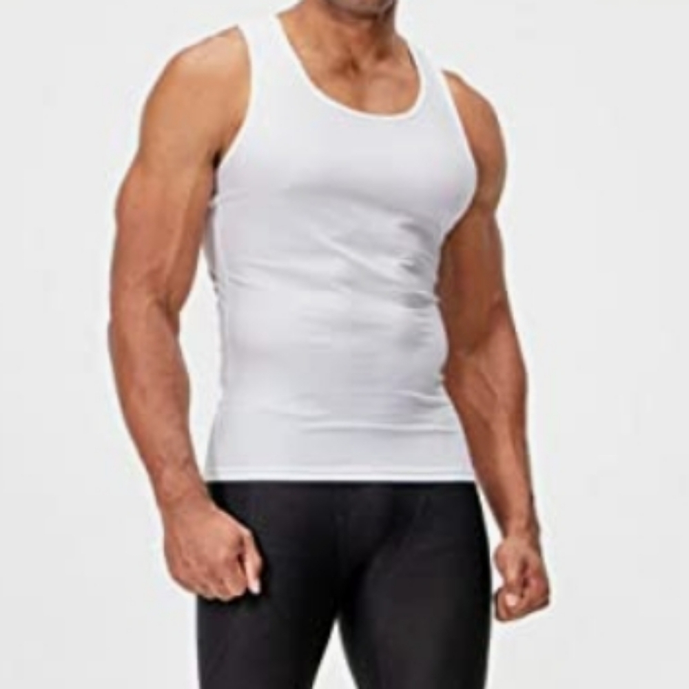 DEVOPS 3 Pk Muscle Dri Fit Compression Tank Top 2 White 1 White w/ Grey Trim 2XL